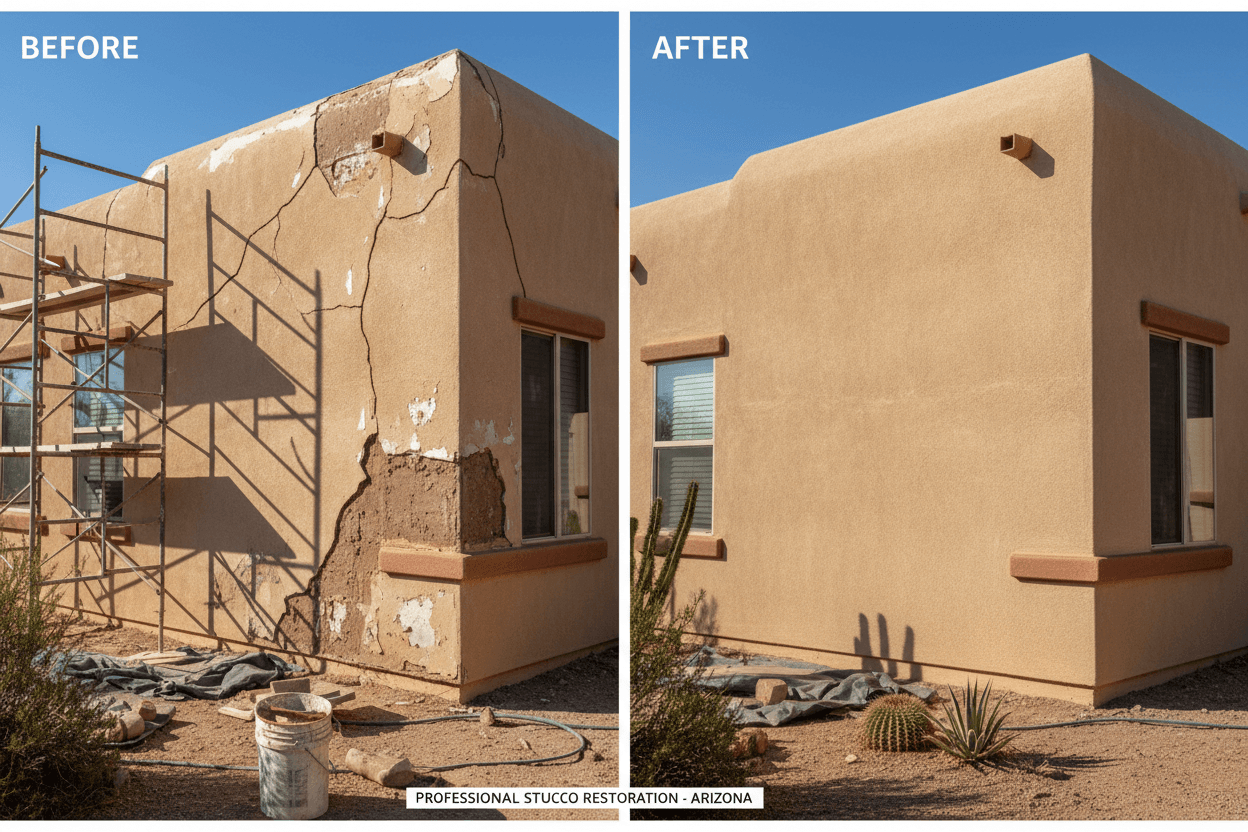 Professional stucco repair and refinishing project