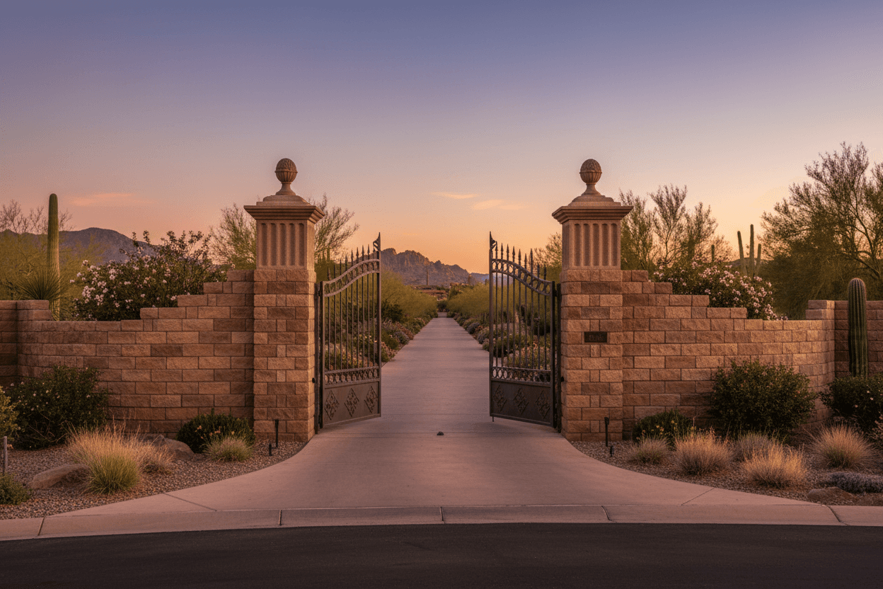 Decorative block wall with custom gate installation